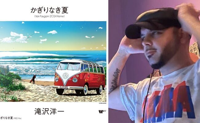 Anime-style beach scene with a red and white van, ocean, and clear sky, alongside a man wearing a cap and headphones in a room.